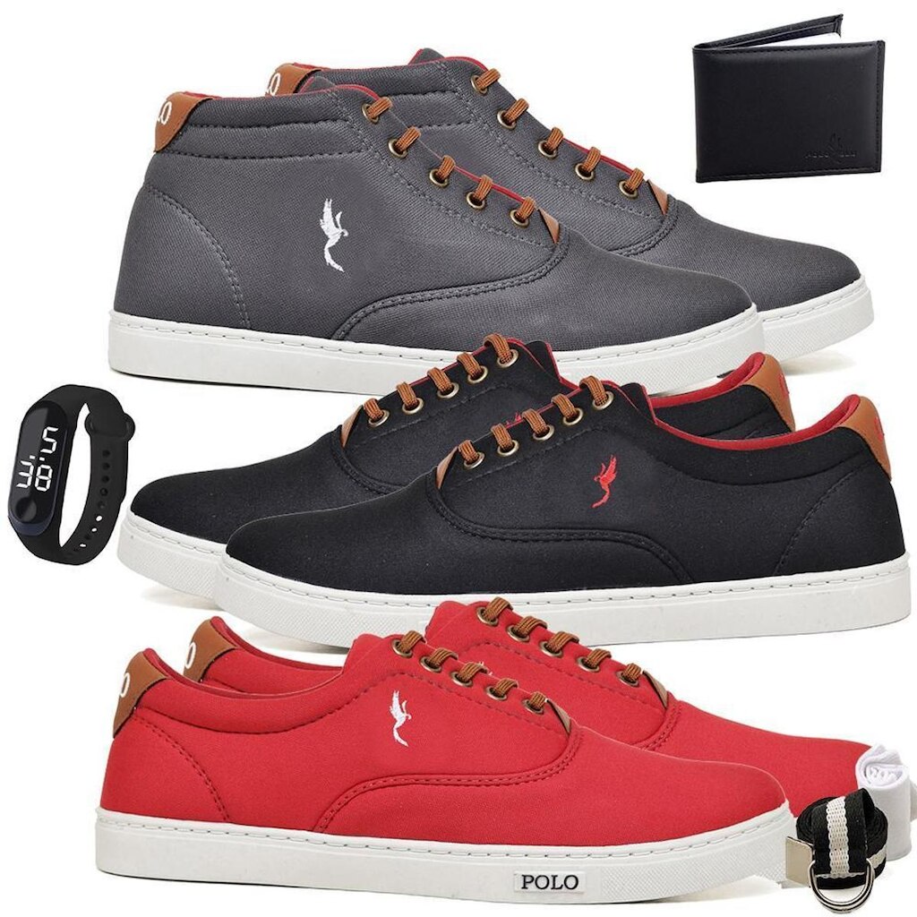 Kit 3 Tênis Casual + Relógio + Acessórios Macio Dia a Dia