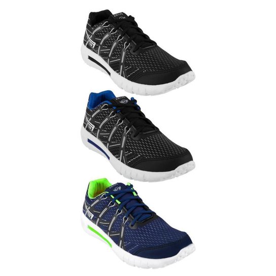 Kit 3 Tênis Jogger Zeus Masculino Leve Confortável Caminhada - Preto+Azul Menor preço em Kit 3 Tênis Jogger Zeus Masculino Leve Confortável Caminhada - Preto+Azul