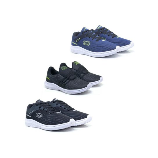 Kit 3 Tênis Masculino Esportivo Cadarço Confortável Macio - Preto+Azul Menor preço em Kit 3 Tênis Masculino Esportivo Cadarço Confortável Macio - Preto+Azul