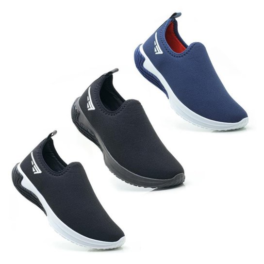 Kit 3 Tênis Slip On Esportivo Masculino Academia Caminhada - Preto+Azul Menor preço em Kit 3 Tênis Slip On Esportivo Masculino Academia Caminhada - Preto+Azul