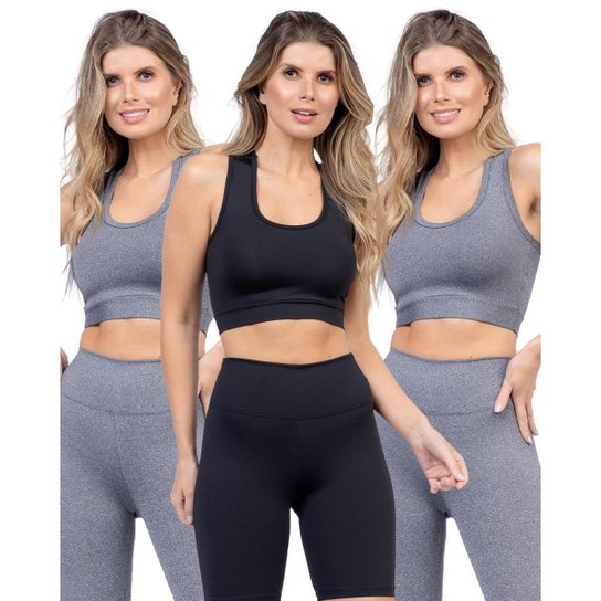 Kit 3 Top Academia Suplex Fitness Goodbest Nadador Feminino - Cinza+Preto Menor preço em Kit 3 Top Academia Suplex Fitness Goodbest Nadador Feminino - Cinza+Preto
