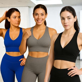 KIT 3 Tops ALÇA MÉDIA Bojo Fitness Slim Suplex Sutiã Esportivo Cor:;Tamanho:M;Gênero:Feminino