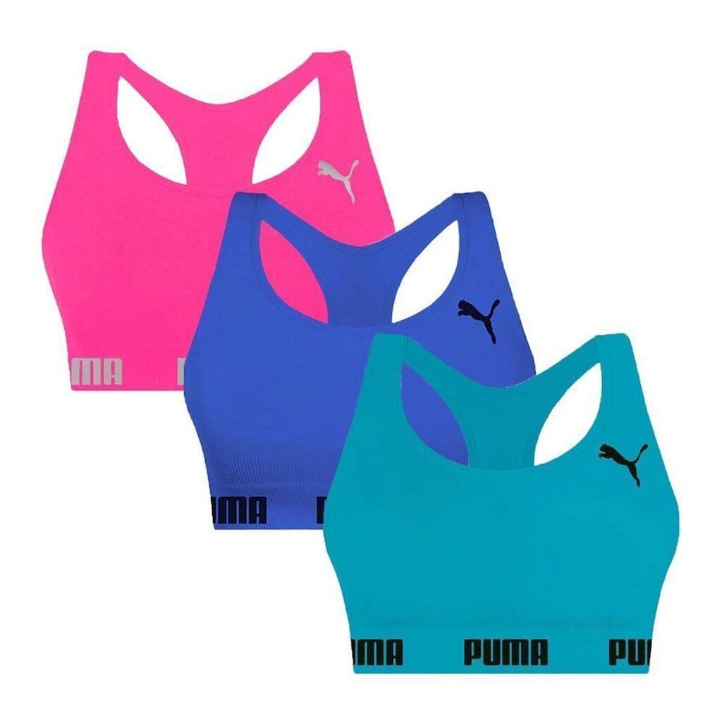 Kit 3 Tops Puma Nadador Sem Costura Feminino - Azul e Rosa GG