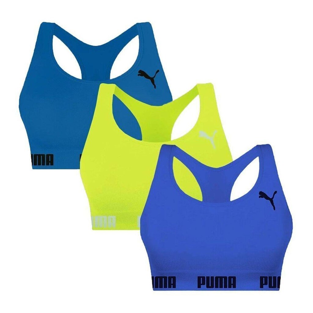 Kit 3 Tops Puma Nadador Sem Costura Feminino - Azul e Verde M
