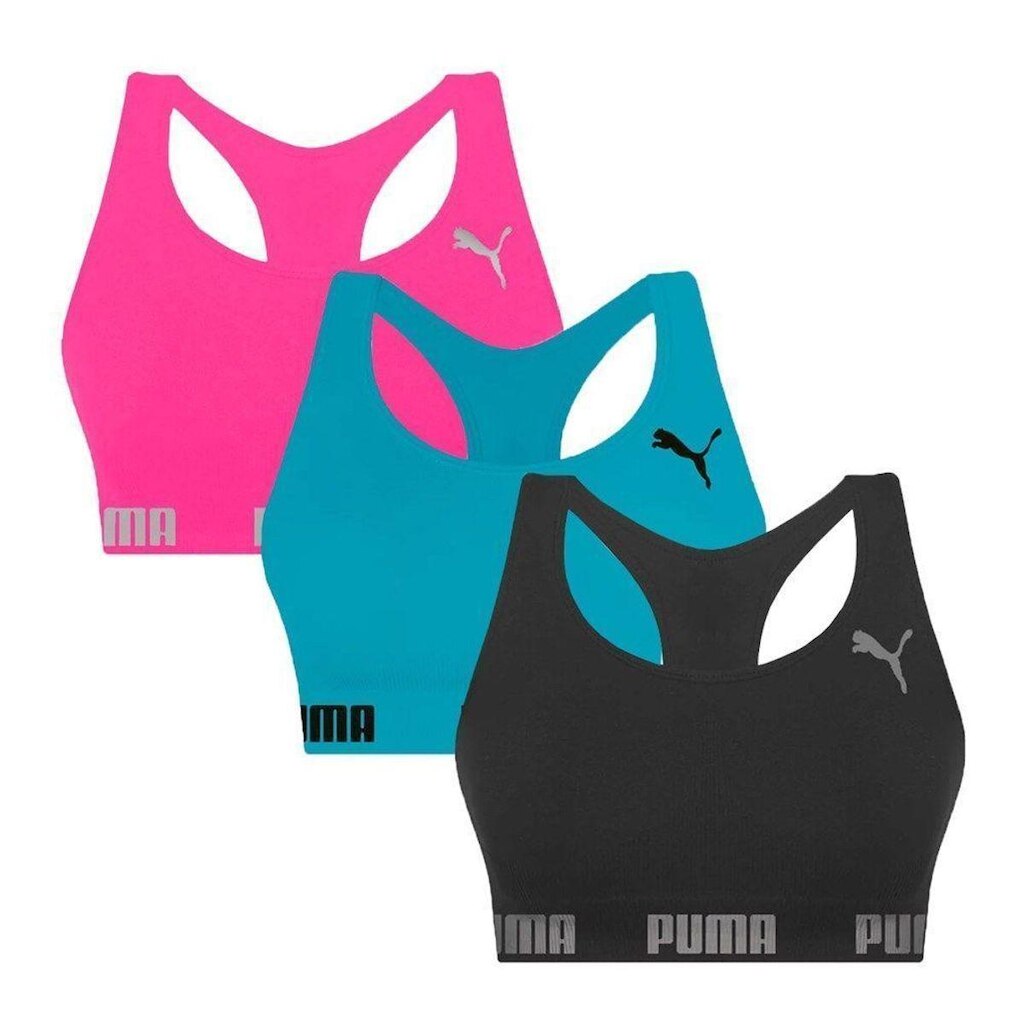 Kit 3 Tops Puma Nadador Sem Costura Feminino - Pink e Preto GG