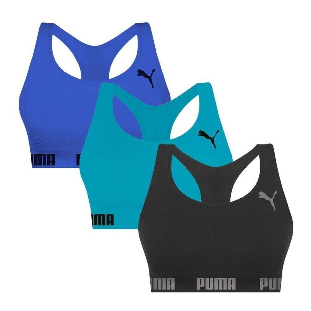 Kit 3 Tops Puma Nadador Sem Costura Feminino - Preto e Azul P