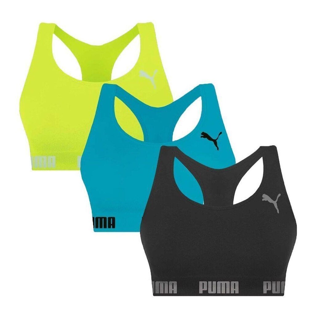 Kit 3 Tops Puma Nadador Sem Costura Feminino - Preto e Verde GG