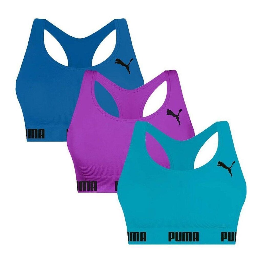 Kit 3 Tops Puma Nadador Sem Costura Feminino - Roxo e Marinho G