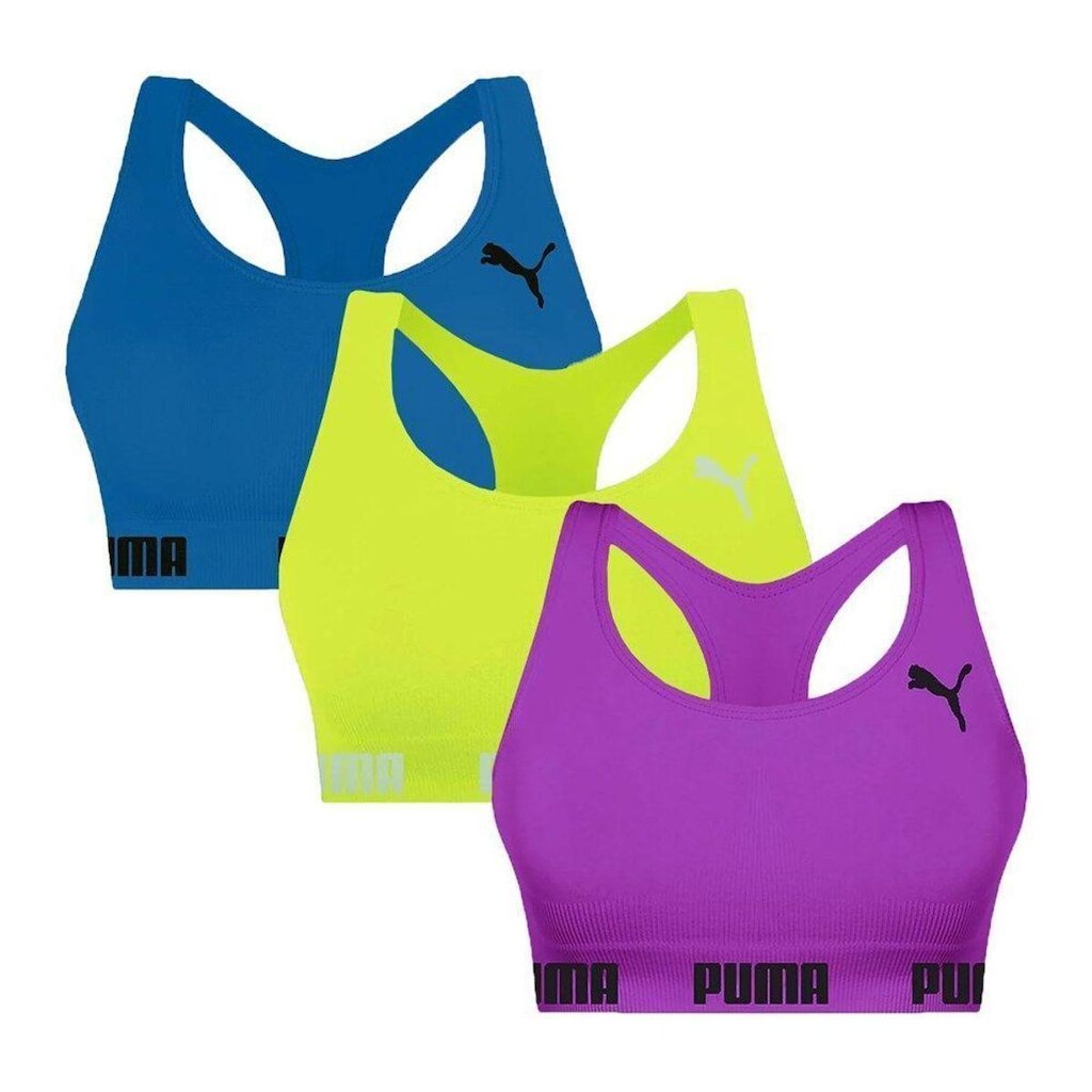 Kit 3 Tops Puma Nadador Sem Costura Feminino - Roxo e Verde G