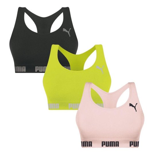 Kit 3 Tops Puma Nadador Sem Costura Feminino - Preto+Rosa Menor preço em Kit 3 Tops Puma Nadador Sem Costura Feminino - Preto+Rosa