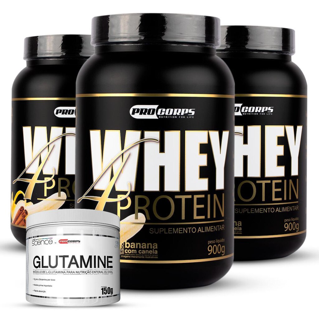 Kit 3 Whey 4 Protein 900g + 1 Glutamina 150g.