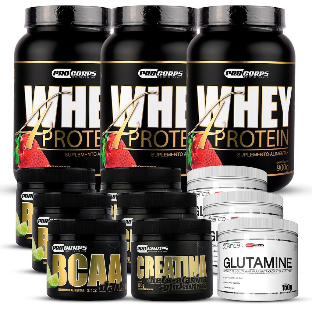Kit 3 Whey Beta 4 Protein 900g+ 3bcaa+ 3creatina+ 3glutamina