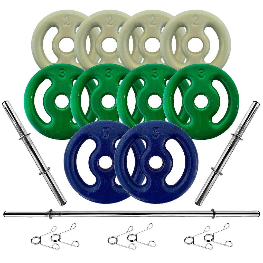 Kit 30Kg Anilhas Emborrachadas com Barras de 40cm e 1,60m