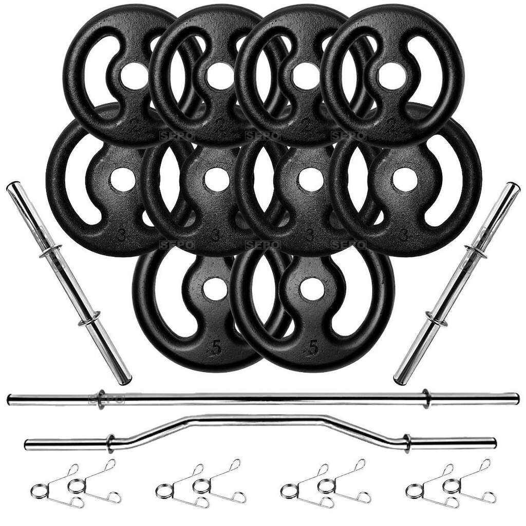 Kit 30Kg em Anilhas de Ferro com Barras de 40cm e 1,20m + Barra W 1,20m
