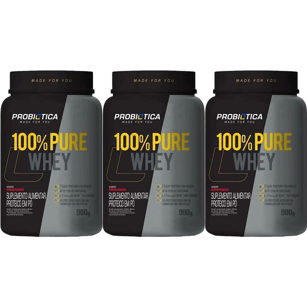 Kit 3X 100% Pure Whey Nova Fórmula - 900g Morango - Probiótica