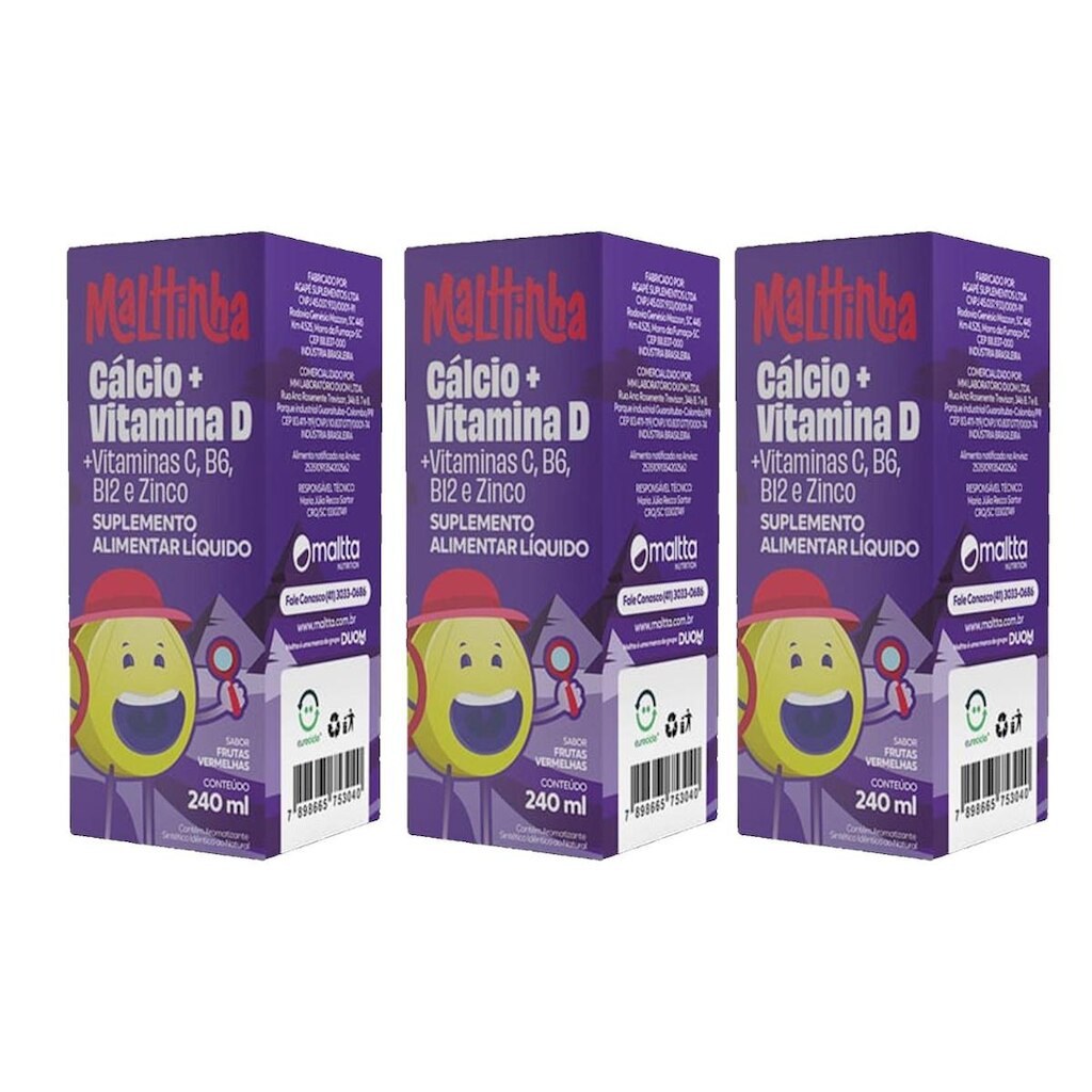 Kit 3x Cálcio + Vitamina D 3x240ml Sabor Frutas Vermelhas Malttinha Maltta