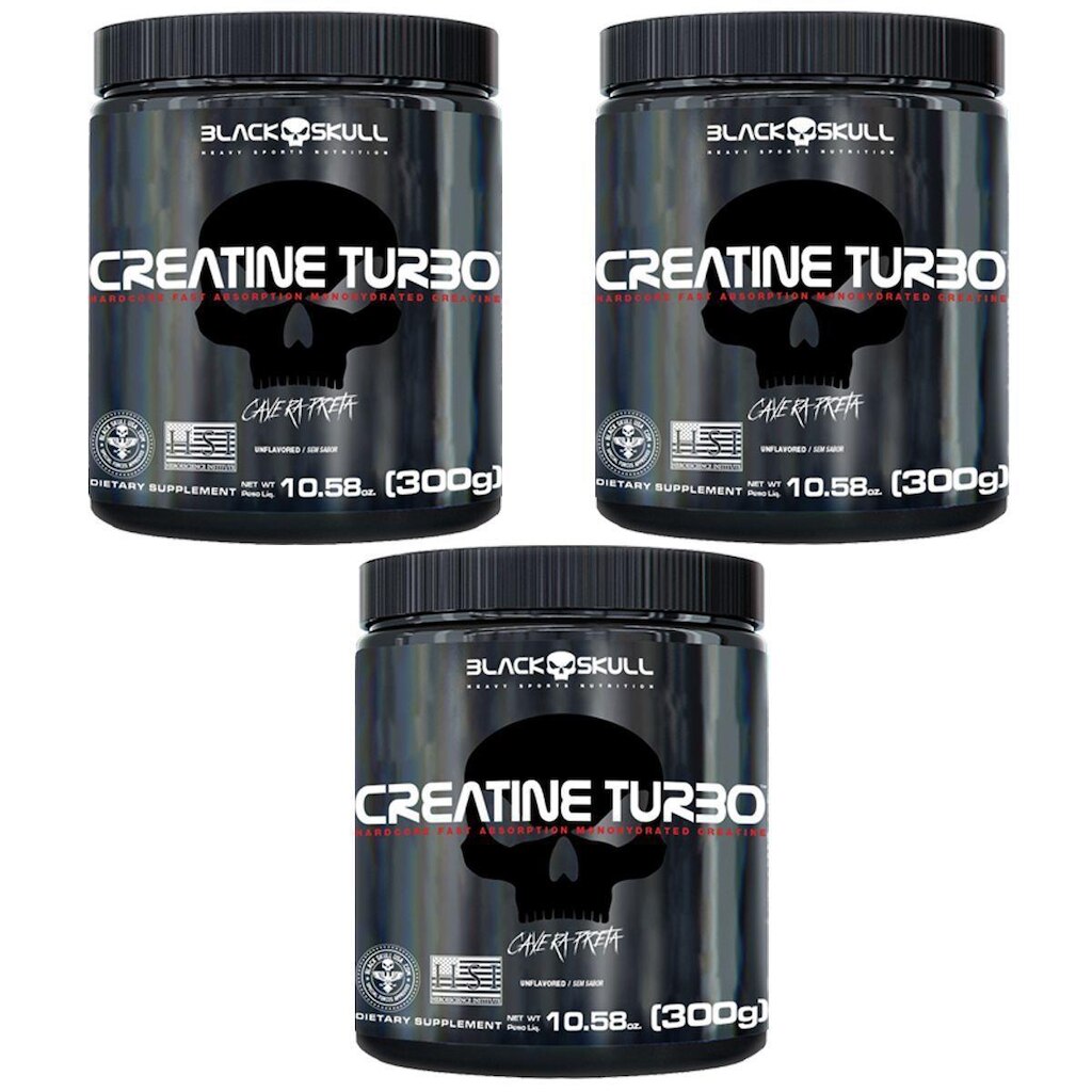 Kit 3X Creatine Turbo Monohidratada - 300g Sem Sabor - Black Skull