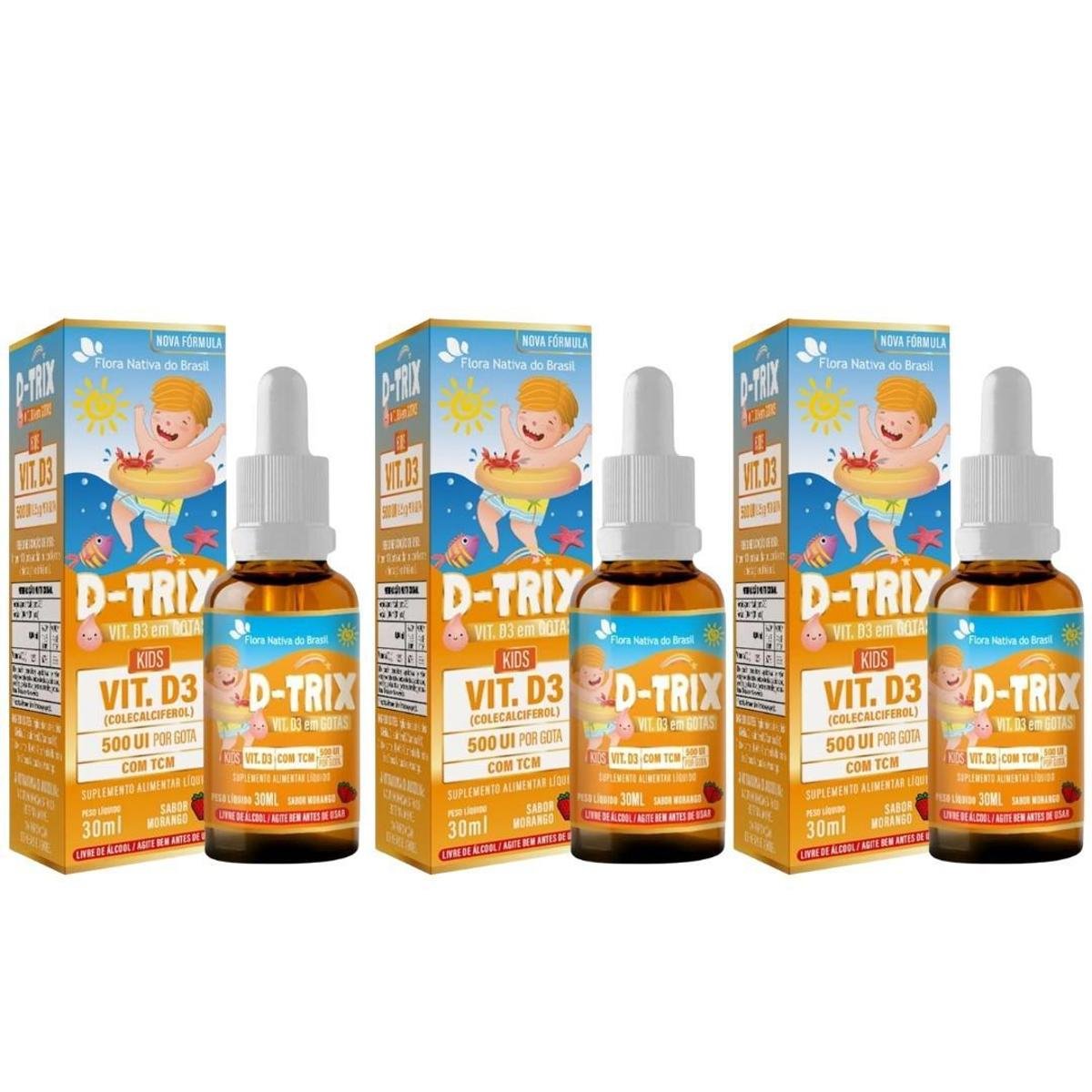 Kit 3x D-TRIX (Vitamina D 400 UI/Gota) KIDS 30ml Sabor Morango Flora Nativa