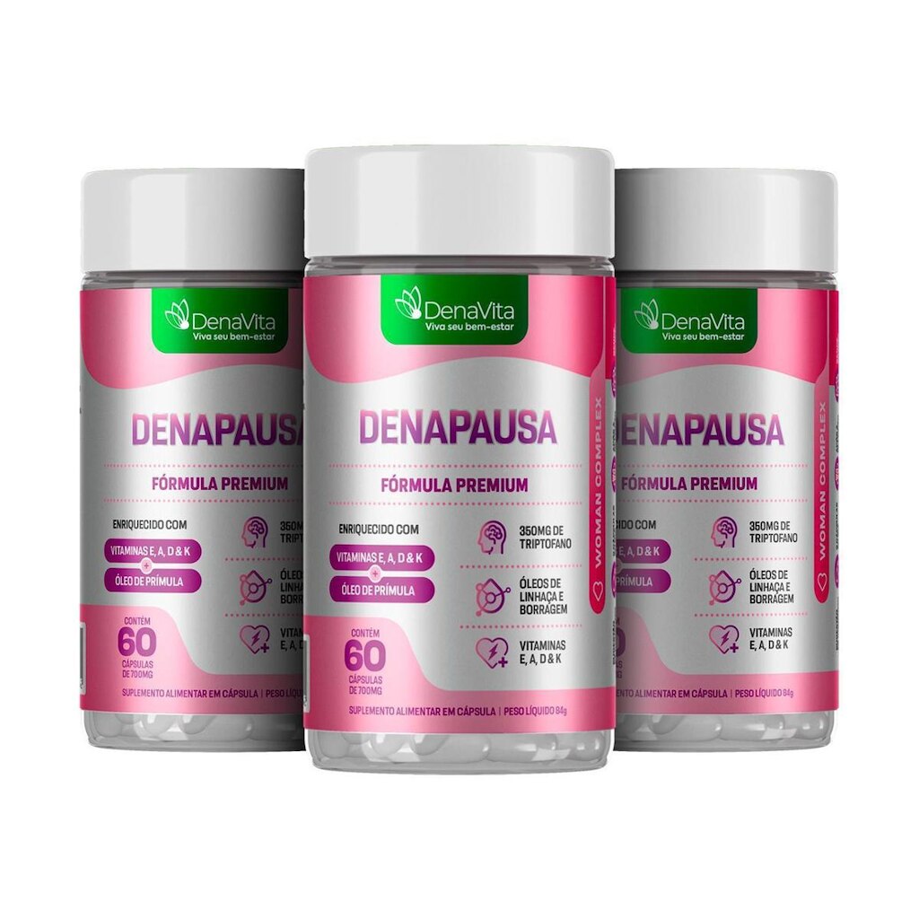 Kit 3x Denapausa, Óleo de Prímula, Linhaça, Borragem, Triptofano, Menopausa e TPM 180 Cápsulas