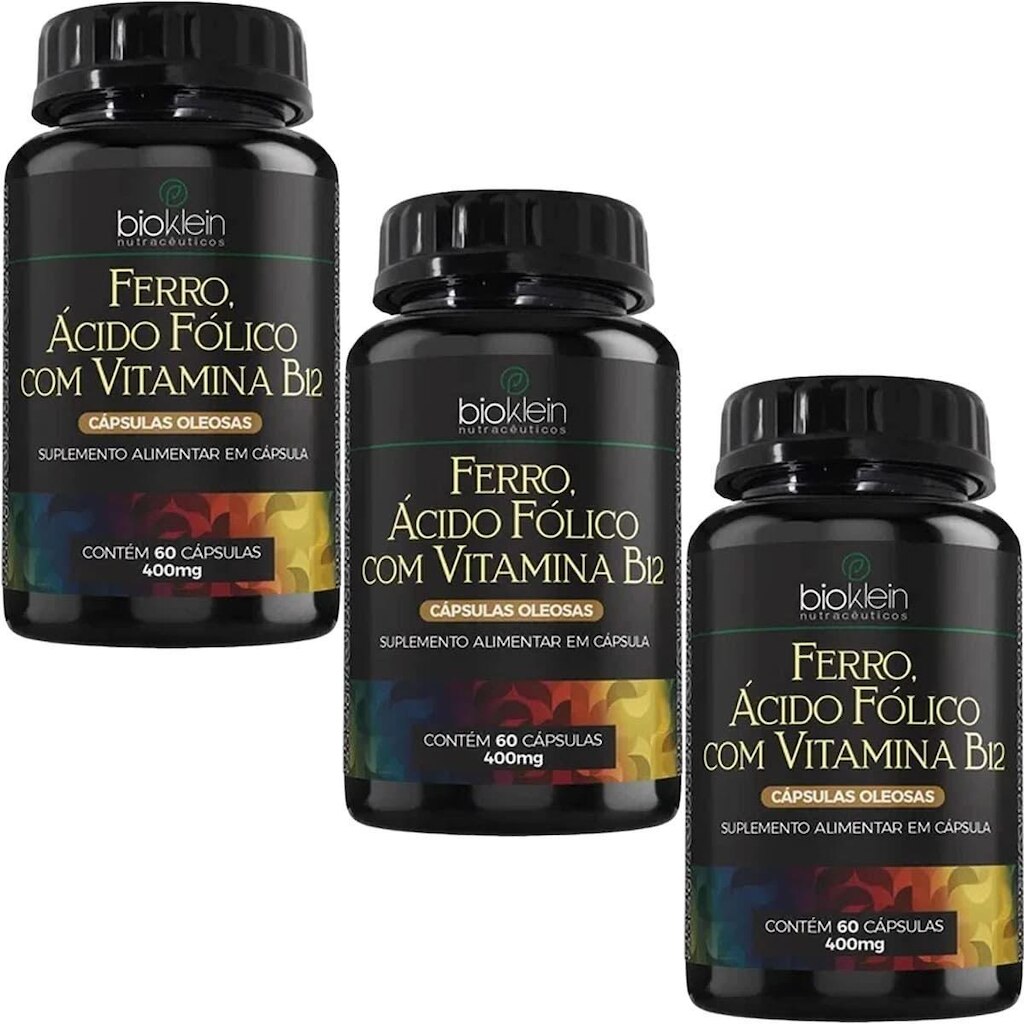 Kit 3X Ferro, Ácido Fólico e Vitamina B12 - 60 Cápsulas - Bioklein