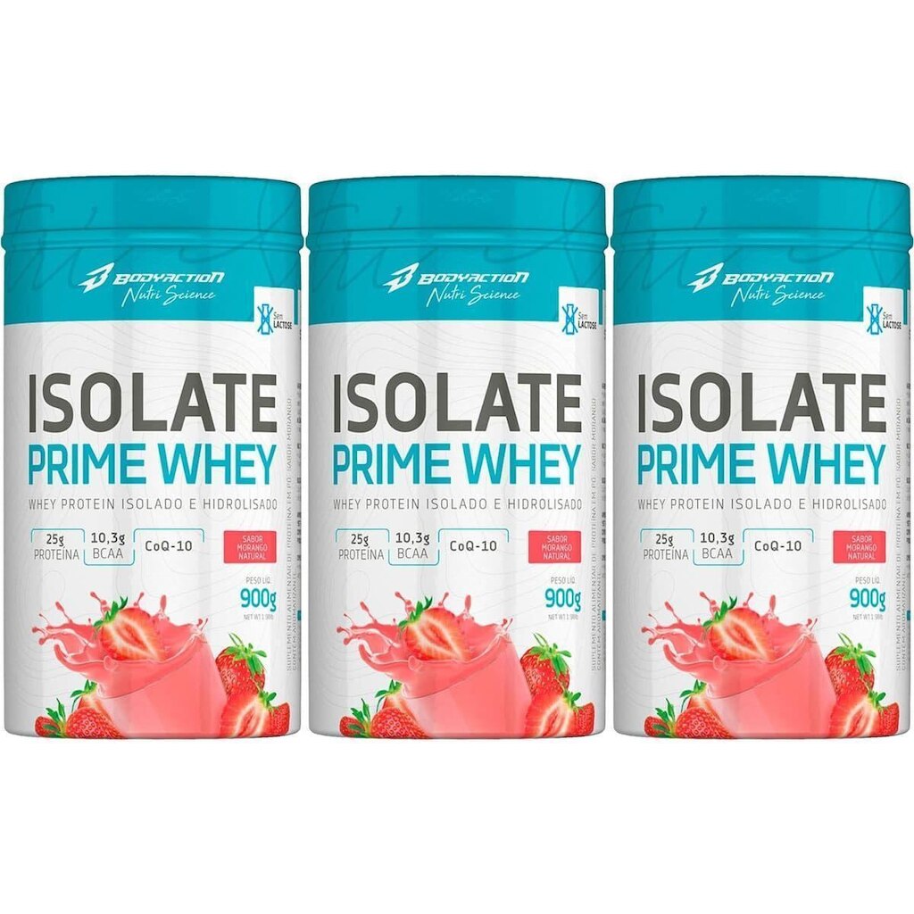 Kit 3X Isolate Prime Whey - 900g Morango Natural - BodyAction