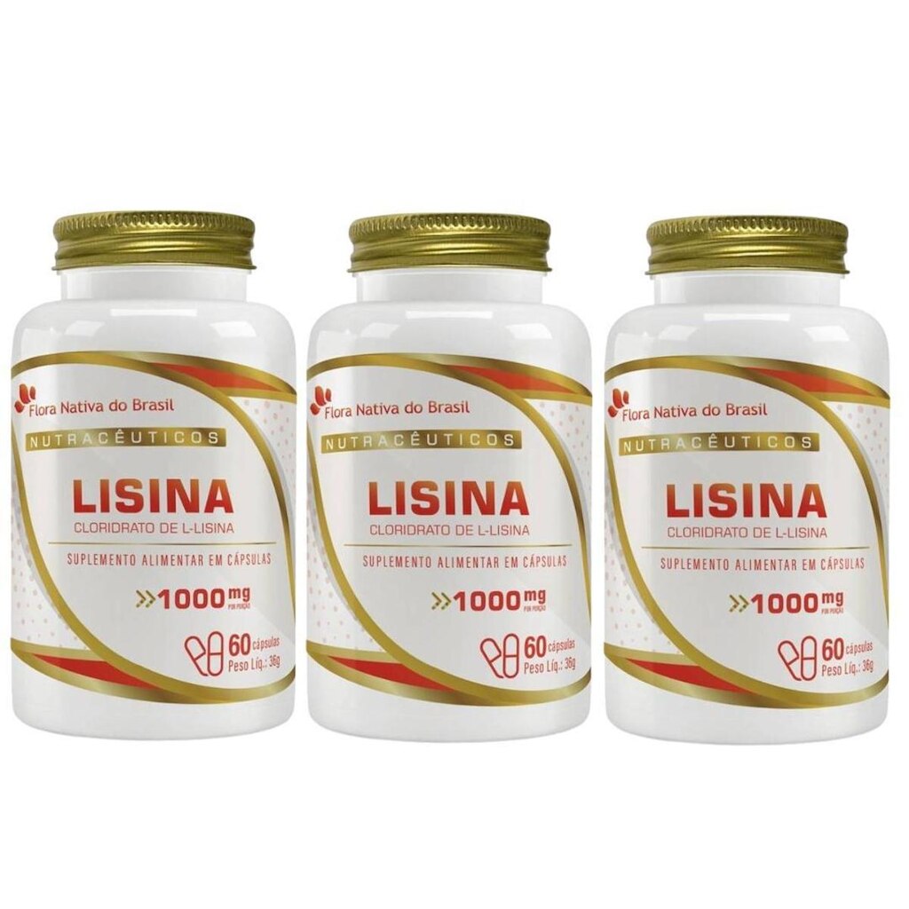 Kit 3x Lisina (Cloridrato de L-Lisina) 1000mg 60 Cáps Flora Nativa