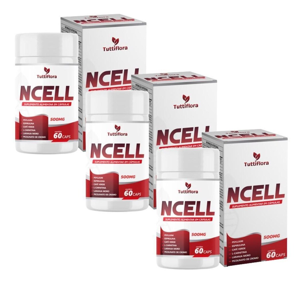 Kit 3x NCELL (Psyllium, Espirulina, Café Verde, L-Carnitina, Laranja Moro e Cromo)60 Caps Tuttiflora