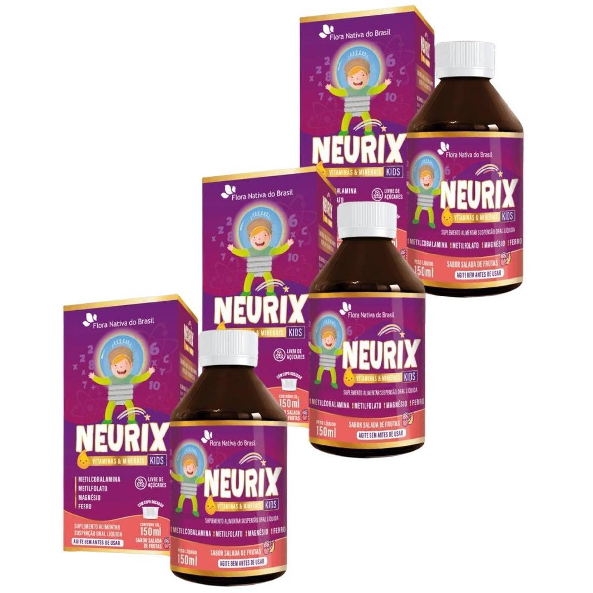 Kit 3x Neurix (B12, Ferro,Metilfolato e Magnésio) 150ml Sabor Salada de Frutas FNB
