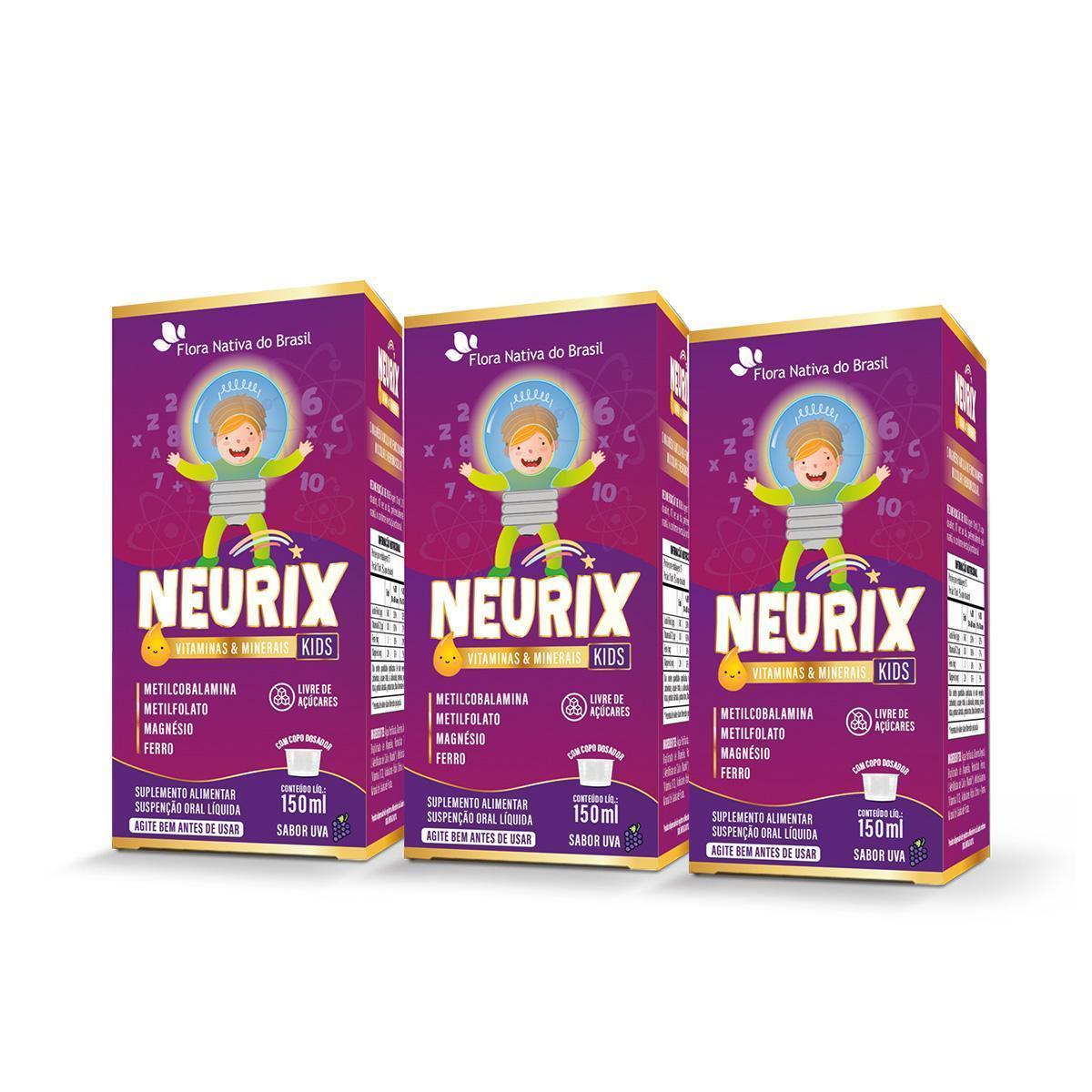 Kit 3x Neurix - Metilcobalamina + Metilfolato + Magnésio + Ferro 150ml Flora Nativa