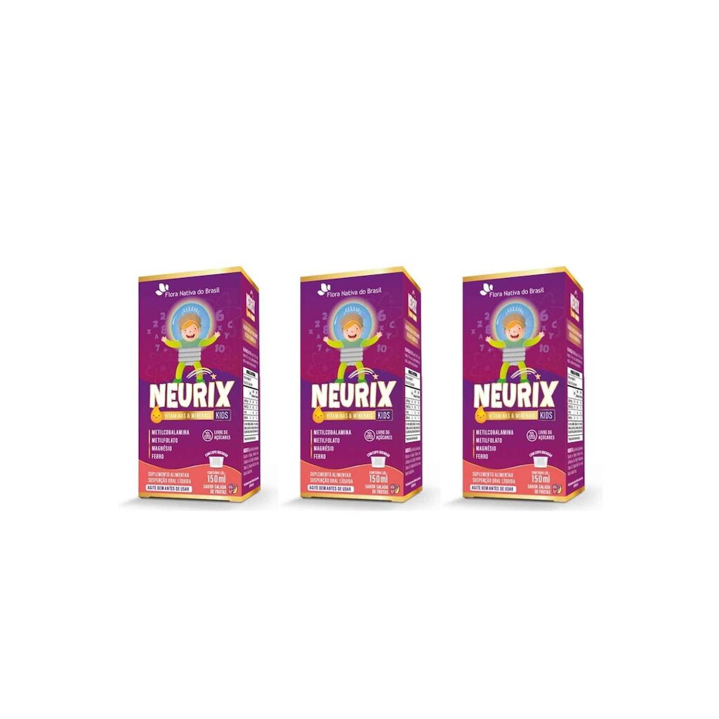 Kit 3x Neurix Mg Ferro Metilfolato e B12 3x150ml Salada de Frutas Flora Nativa