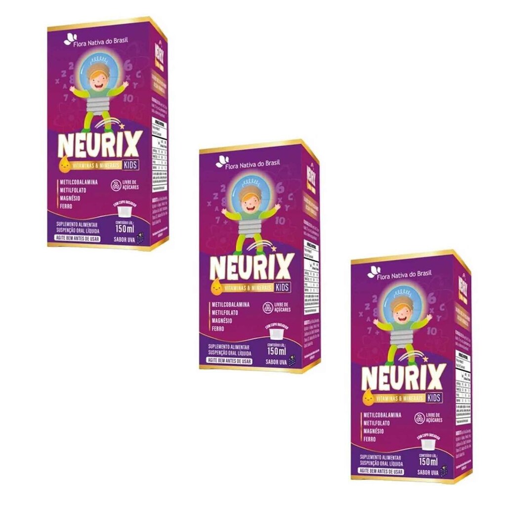Kit 3x Neurix Mg Ferro Metilfolato e B12 3x150ml Uva Flora