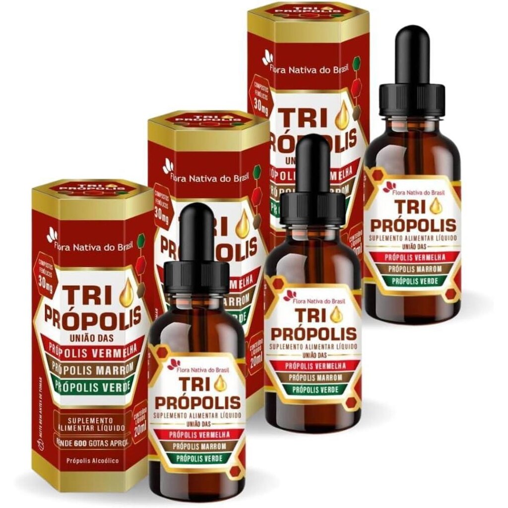 Kit 3x Tri Própolis (Verde, Vermelha e Marrom) Em Gotas 20ml Flora Nativa