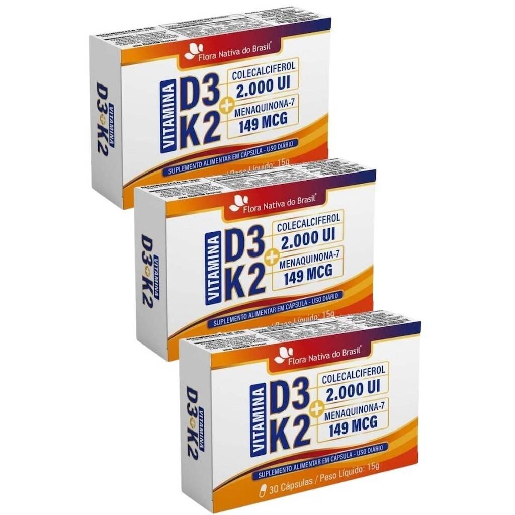 Kit 3x Vitamina D3 + K2 (2000ui D3 149mcg K2) 30 Cáps 500mg Flora Nativa