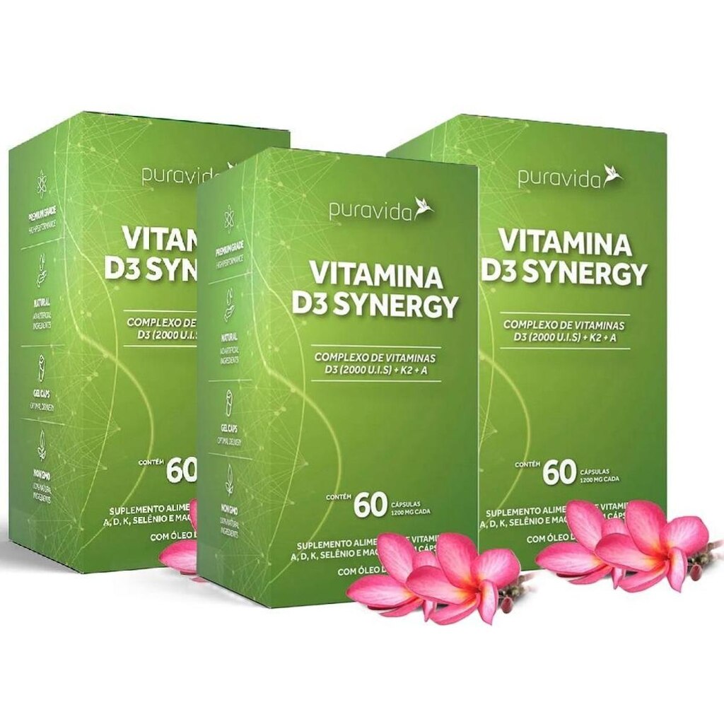 Kit 3x Vitamina D3 Synergy - Puravida 60 cápsulas