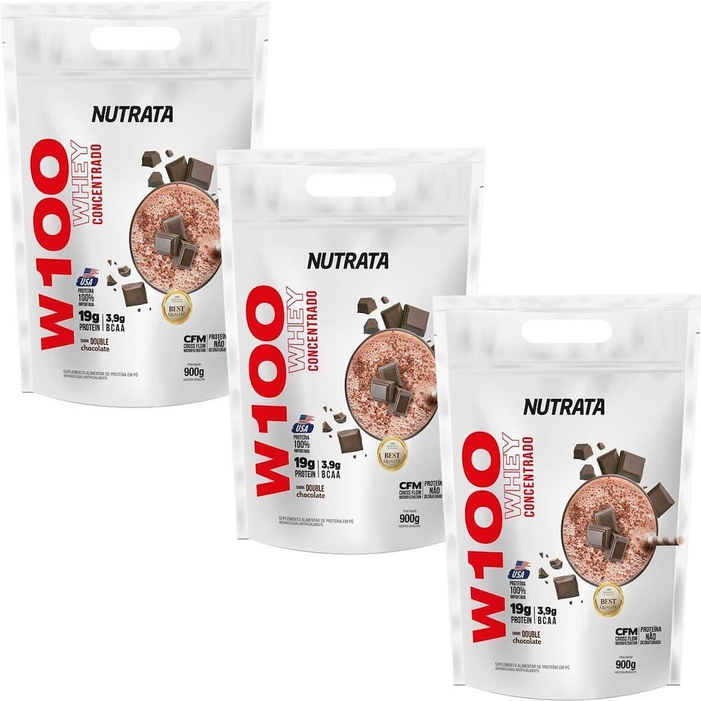 Kit 3X W100 Whey Concentrado - 900g Refil Double Chocolate - Nutrata