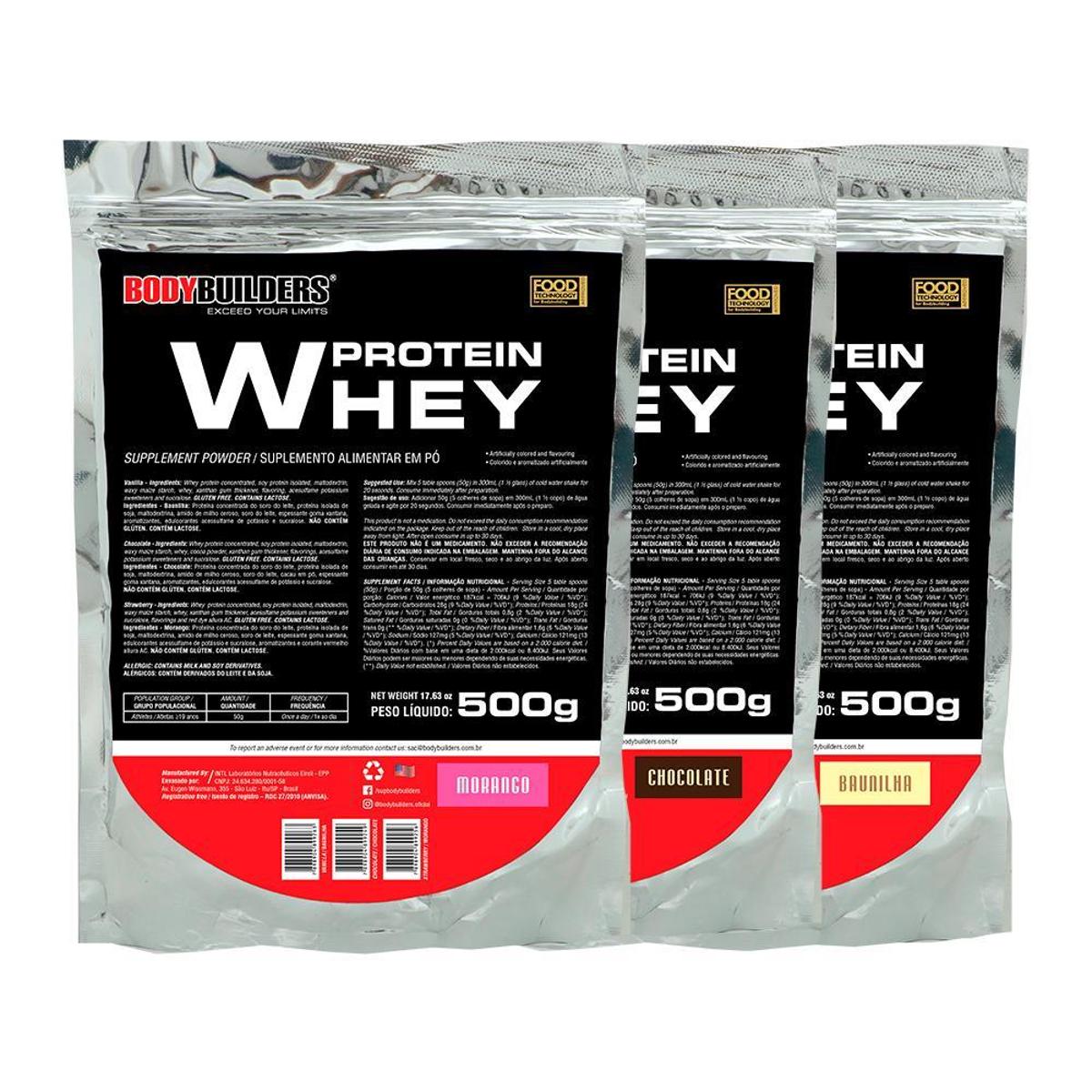 KIT 3x Whey Protein 500g - Sabor BAU - CHO - MOR - Bodybuilders Menor preço em KIT 3x Whey Protein 500g - Sabor BAU - CHO - MOR - Bodybuilders