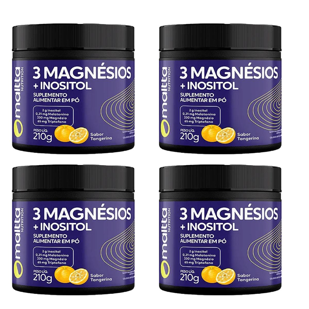 Kit 4 3 Magnésios + Inositol em pó Sabor Tangerina 4x210g - Maltta