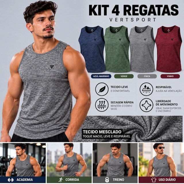 Kit 4 Camiseta Masculina Regata Dry Passeio e Treino Premium