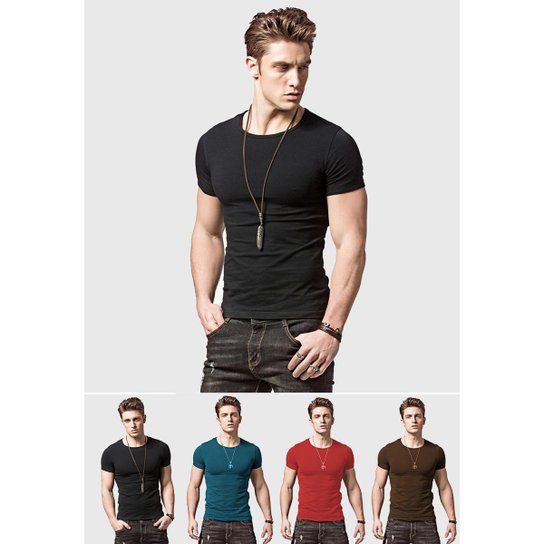 Kit 4 Camisetas Darkwood Slim Fit Masculina - Azul+Preto Menor preço em Kit 4 Camisetas Darkwood Slim Fit Masculina - Azul+Preto