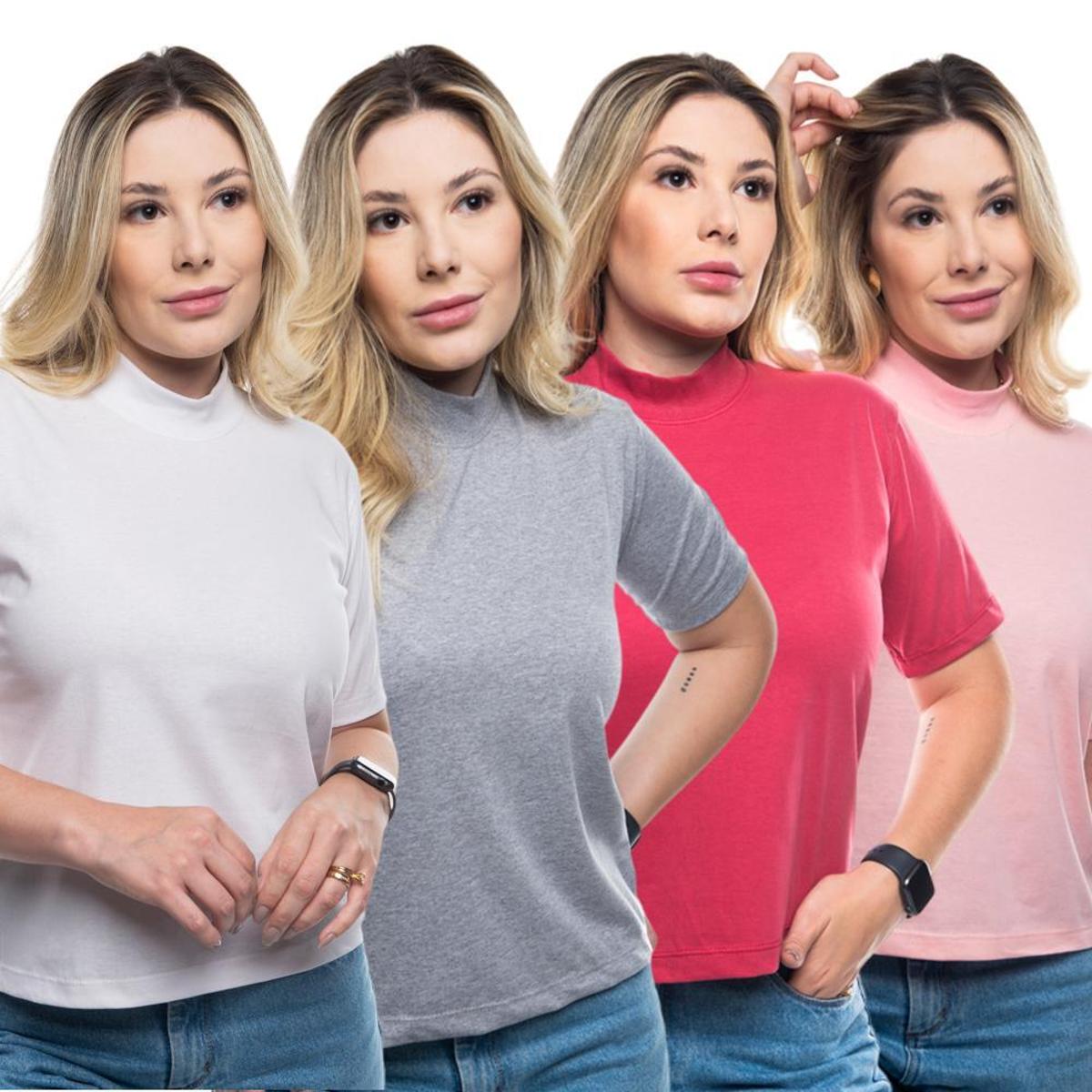 Kit 4 Camisetas Feminina Gola Alta Manga Curta Basica Lisa