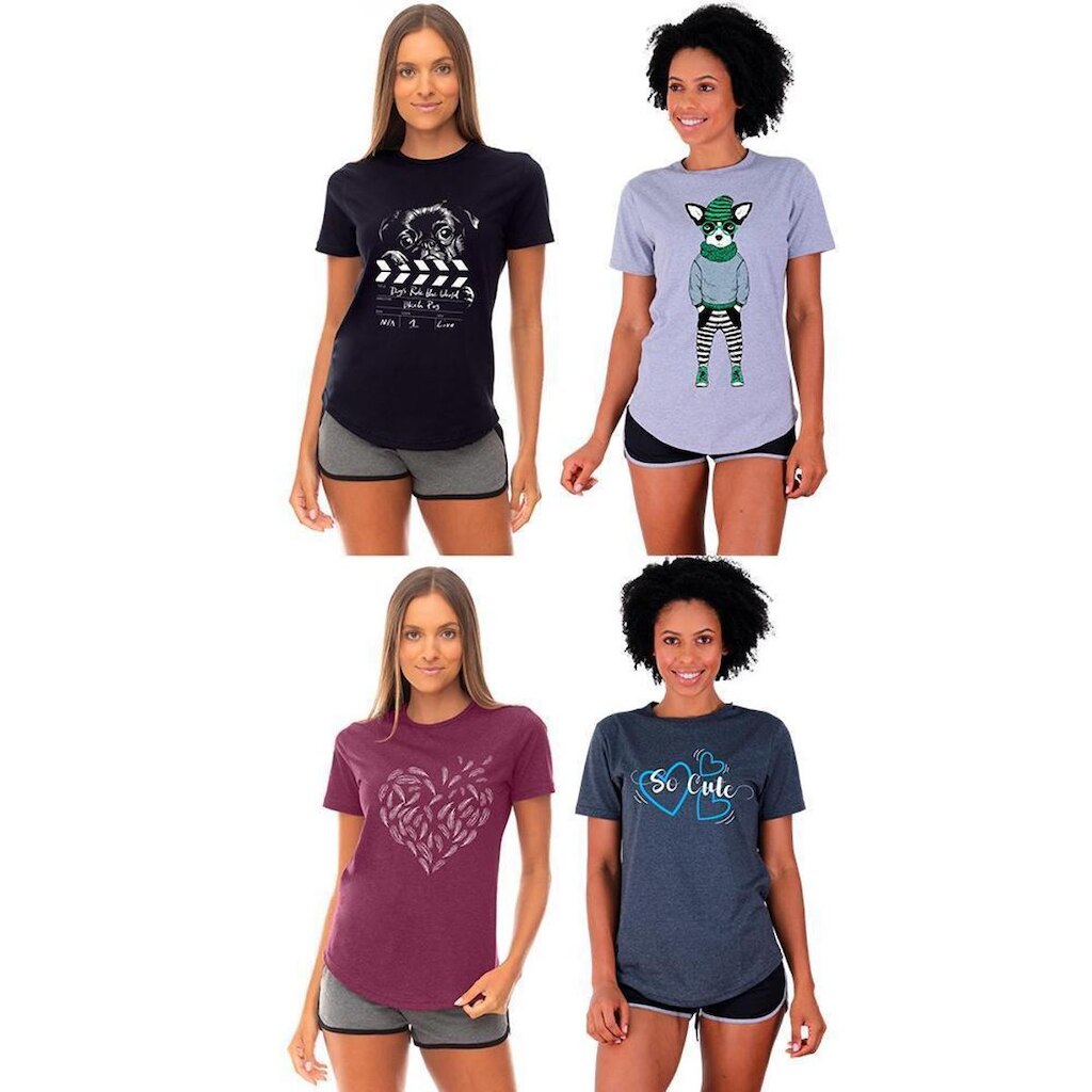 Kit 4 Camisetas Longline Feminina MXD Conceito Slim Diversas Estampas