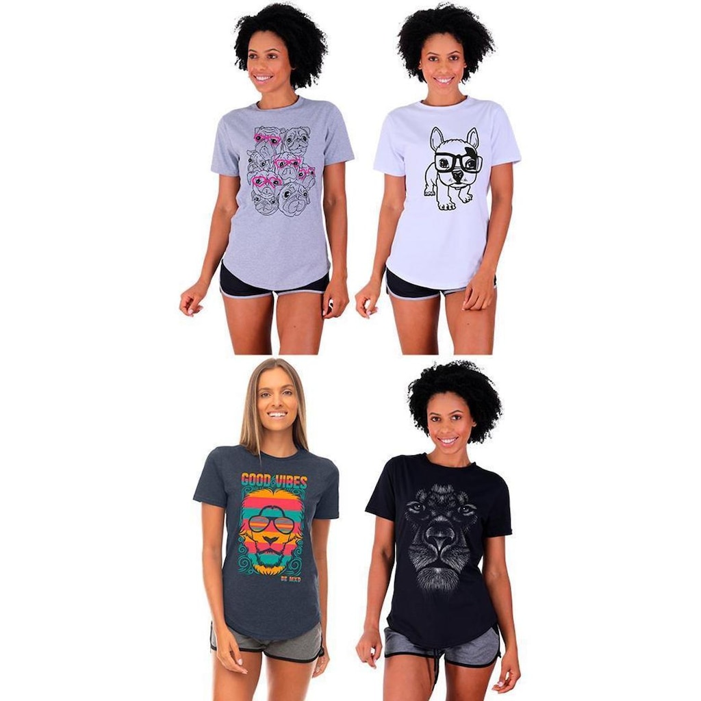 Kit 4 Camisetas Longline Feminina MXD Conceito Slim Diversas Estampas