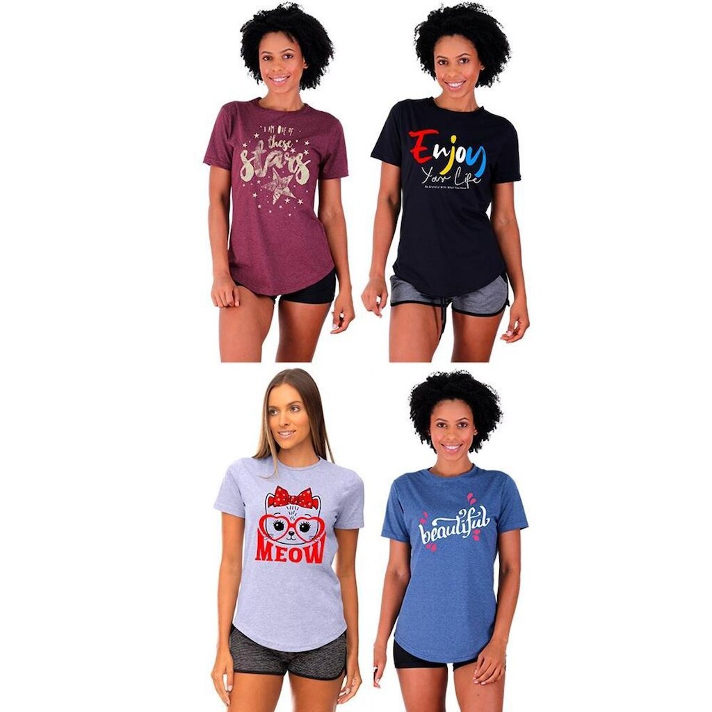 Kit 4 Camisetas Longline Feminina MXD Conceito Slim Diversas Estampas