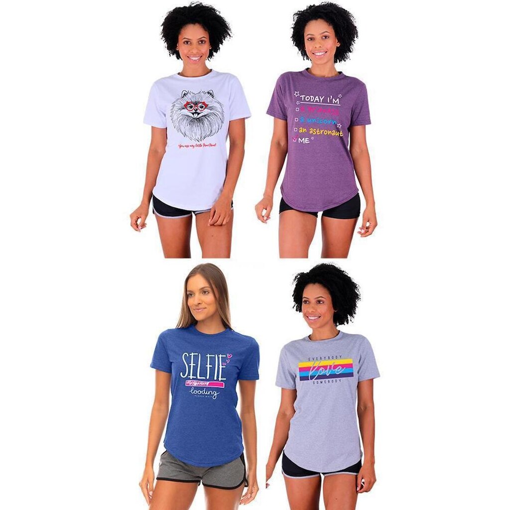 Kit 4 Camisetas Longline Feminina MXD Conceito Slim Diversas Estampas