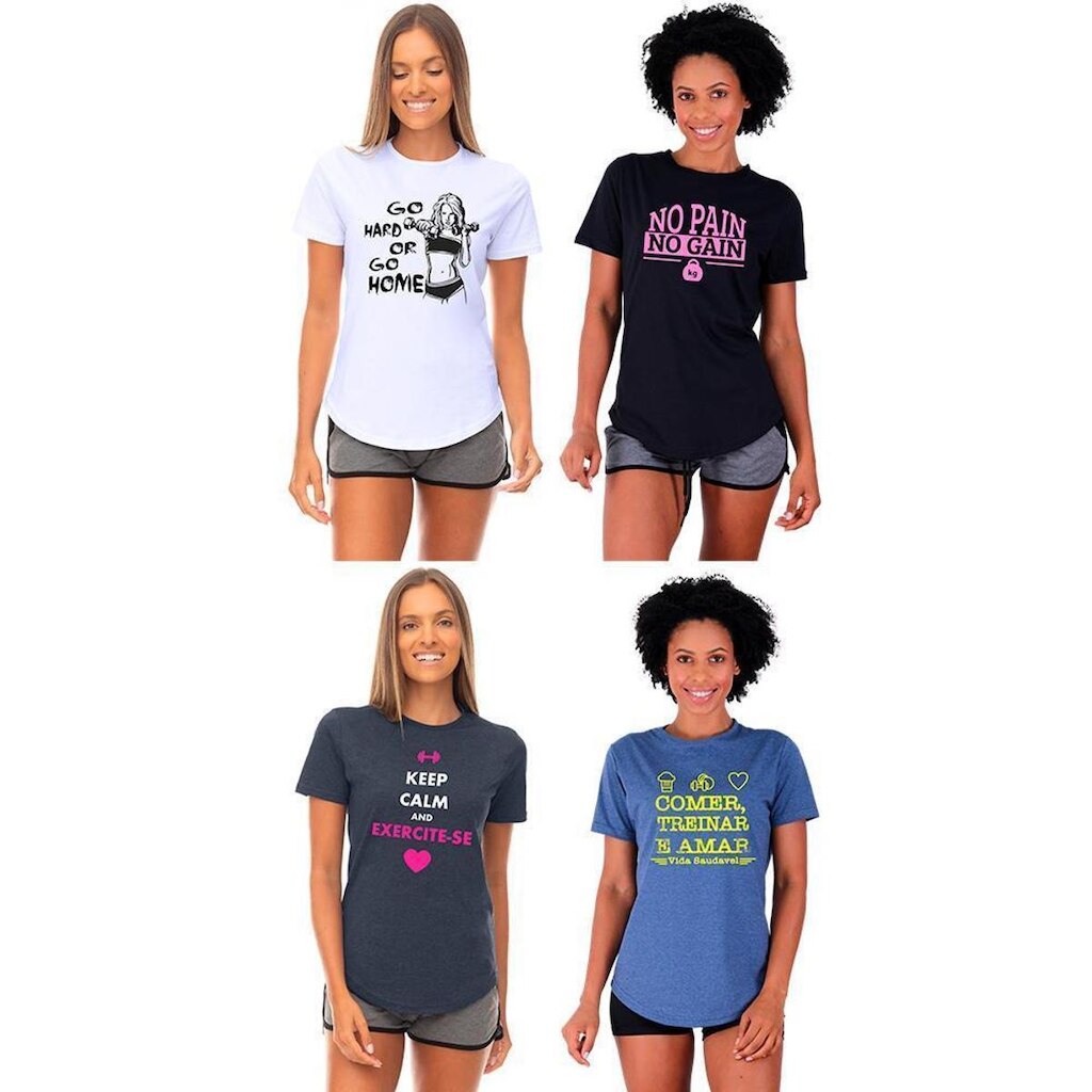 Kit 4 Camisetas Longline Feminina MXD Conceito Slim Diversas Estampas