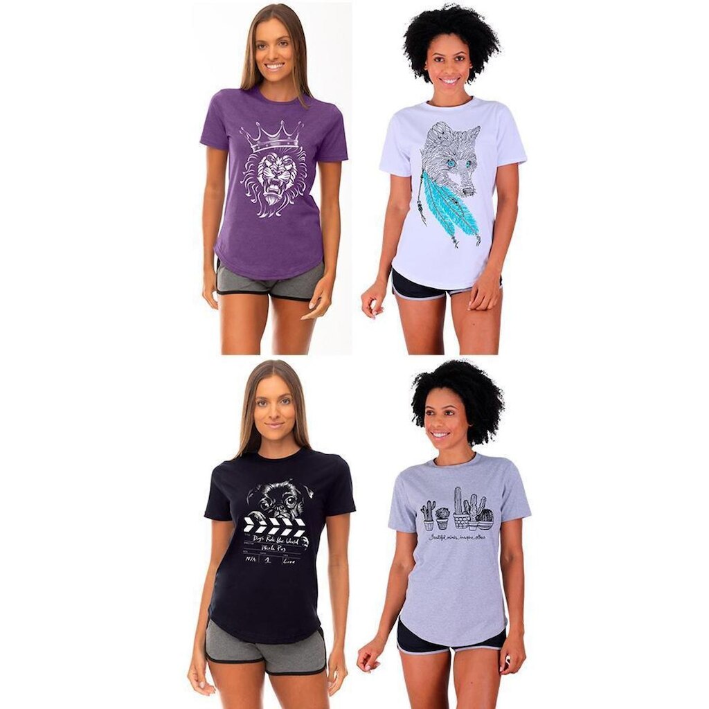 Kit 4 Camisetas Longline Feminina MXD Conceito Slim Diversas Estampas