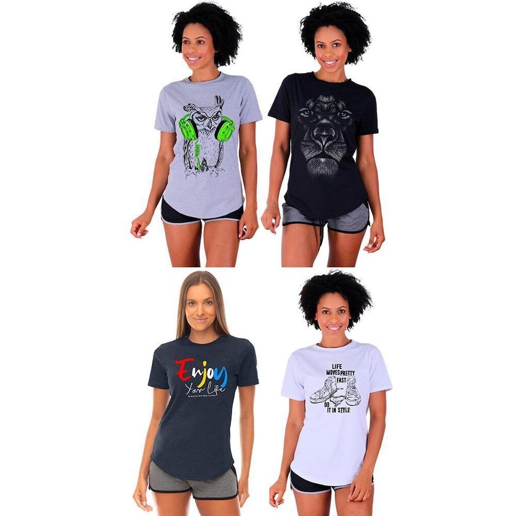 Kit 4 Camisetas Longline Feminina MXD Conceito Slim Diversas Estampas