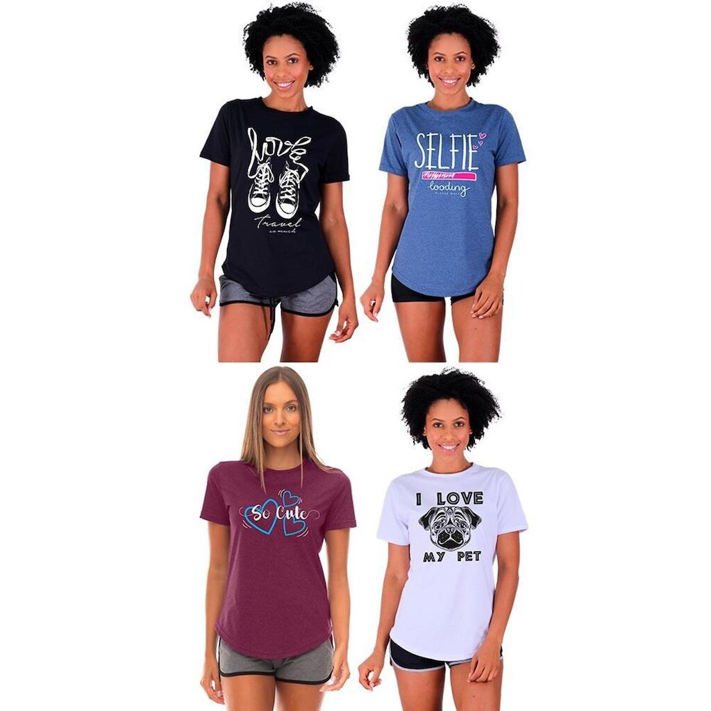 Kit 4 Camisetas Longline Feminina MXD Conceito Slim Diversas Estampas