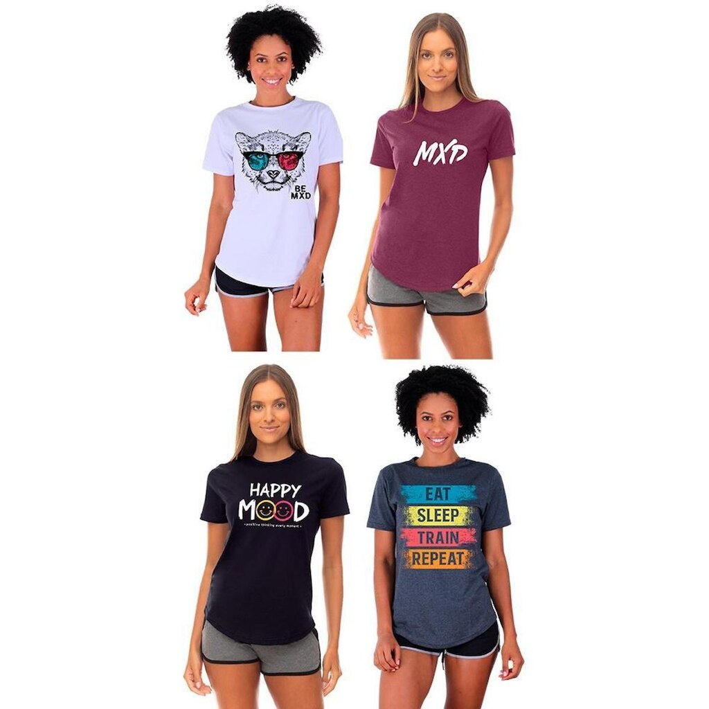 Kit 4 Camisetas Longline Feminina MXD Conceito Slim Diversas Estampas