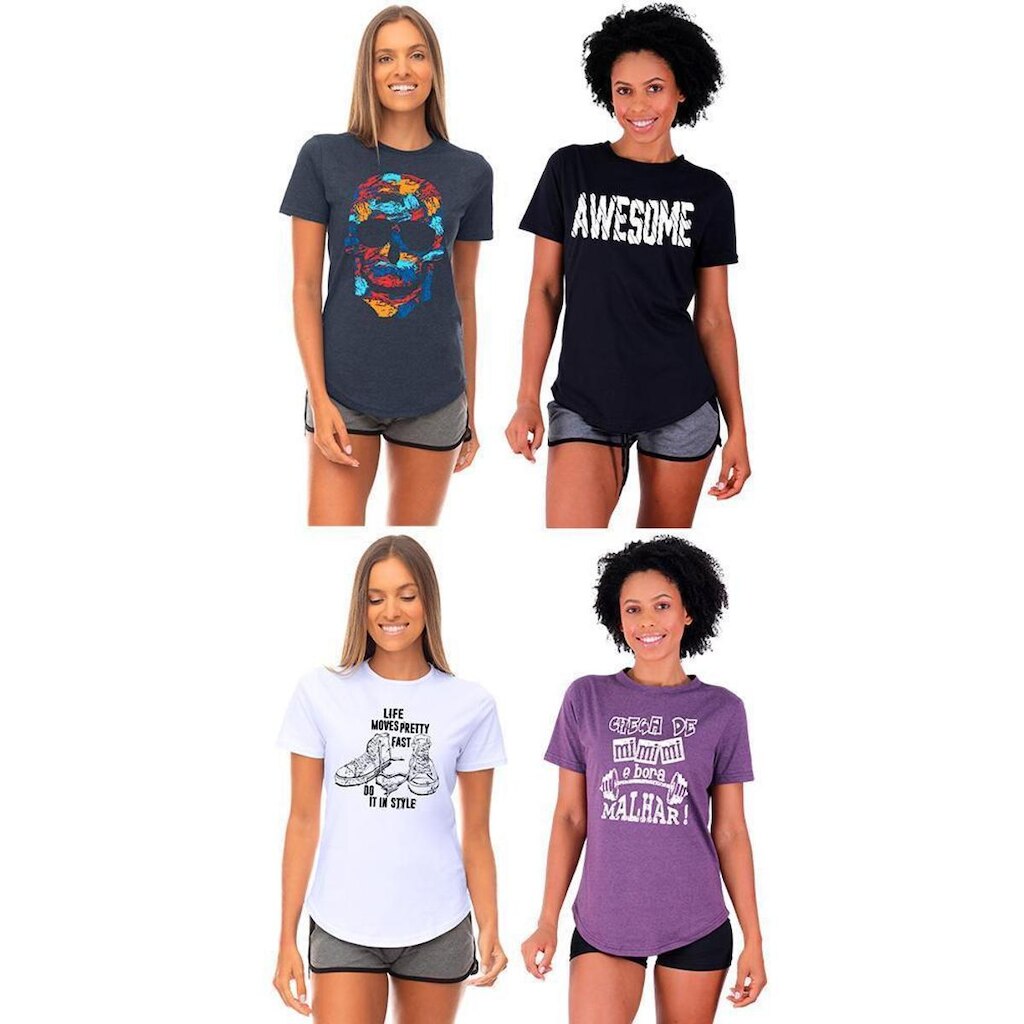 Kit 4 Camisetas Longline Feminina MXD Conceito Slim Diversas Estampas